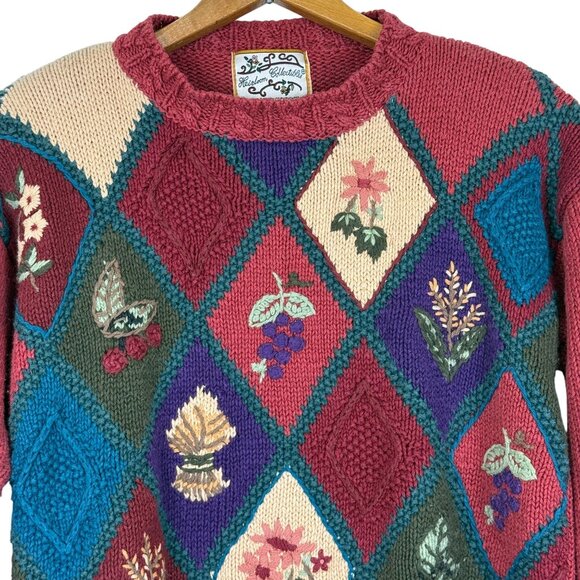 Vtg 90s Heirloom Collectibles Floral Patchwork Knit Sweater Sz Small Embroidered - Picture 2 of 11
